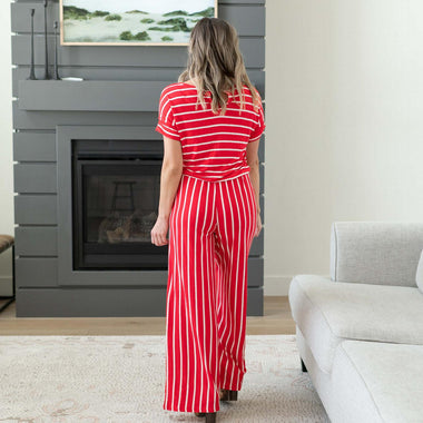 Stripe Jumpsuit Elastic Waist Back Keyhole Stripe Jumpsuit Elastic Waist Back Keyhole