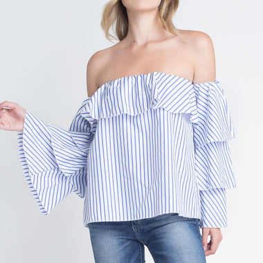 Women's Off Shoulder Stripe Ruffle Long Sleeve Top