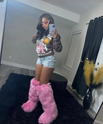 2024 Women Winter Thigh High Fluffy Boots Ladies Furry Faux Fox Fur