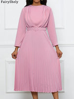 FairyShely 2025 Solid Folds Plus Size Dress Sexy Women Long Sleeve