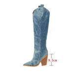 Denim Western Women Knee Thigh High Boots New 2024 Autumn Winter High