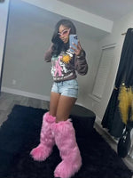 2024 Women Winter Thigh High Fluffy Boots Ladies Furry Faux Fox Fur