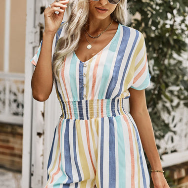 Summer Striped Print V-neck Button Romper Summer Striped Print V-neck Button Romper